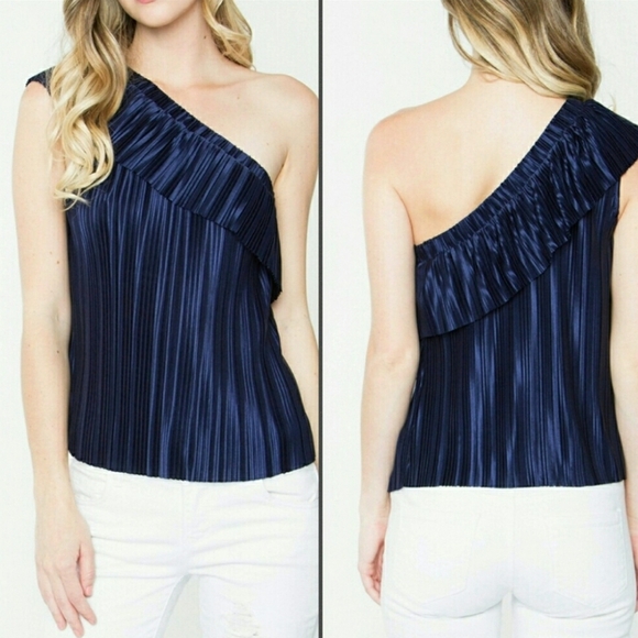 Tops - BLUE SATIN PLEATED TOP